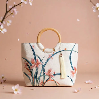 Large Capacity Orchid Bloom Embroidered Tote Bag with Acrylic Handle