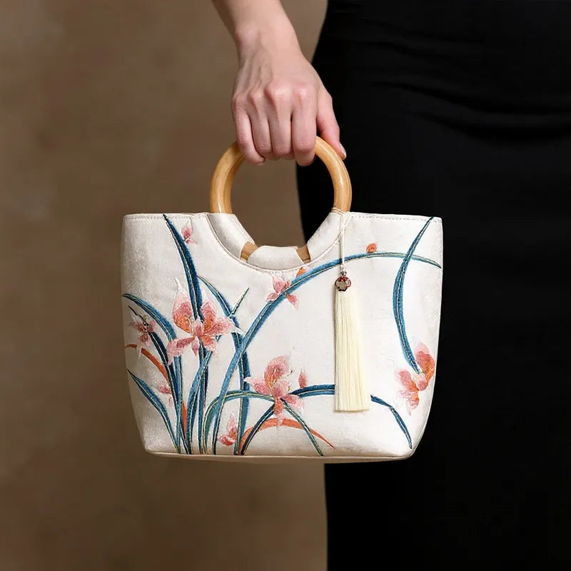 Large Capacity Orchid Bloom Embroidered Tote Bag with Acrylic Handle