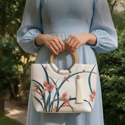 Large Capacity Orchid Bloom Embroidered Tote Bag with Acrylic Handle