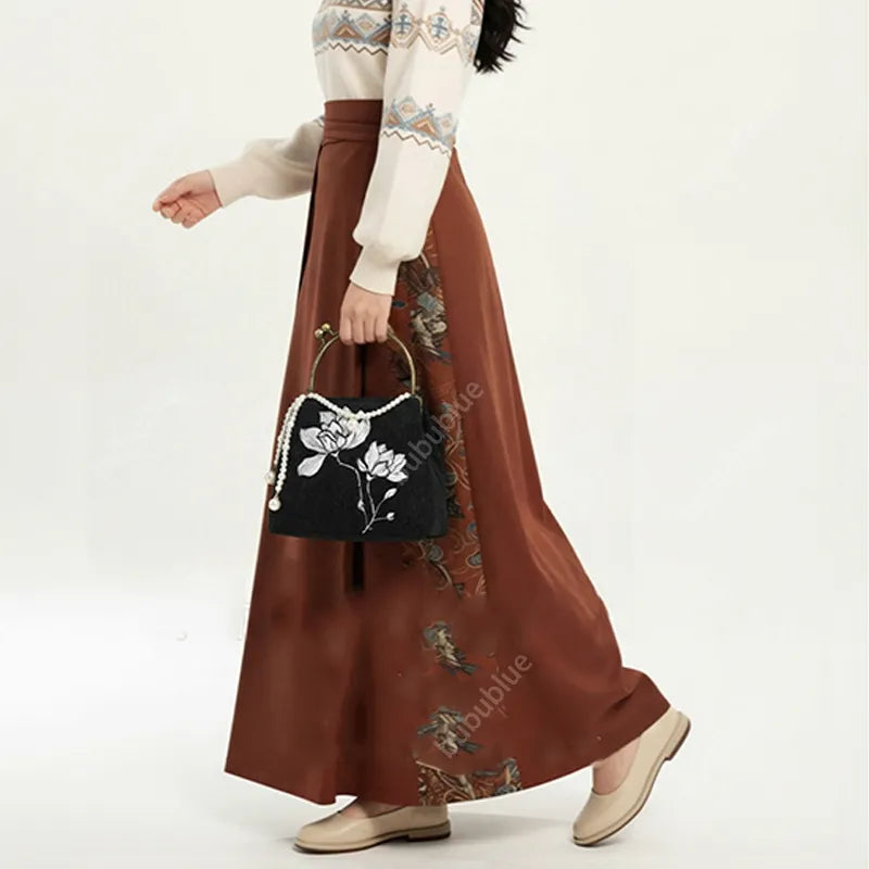 Black Lotus Embroidered Evening Bag with Pearl Trim Kiss Lock