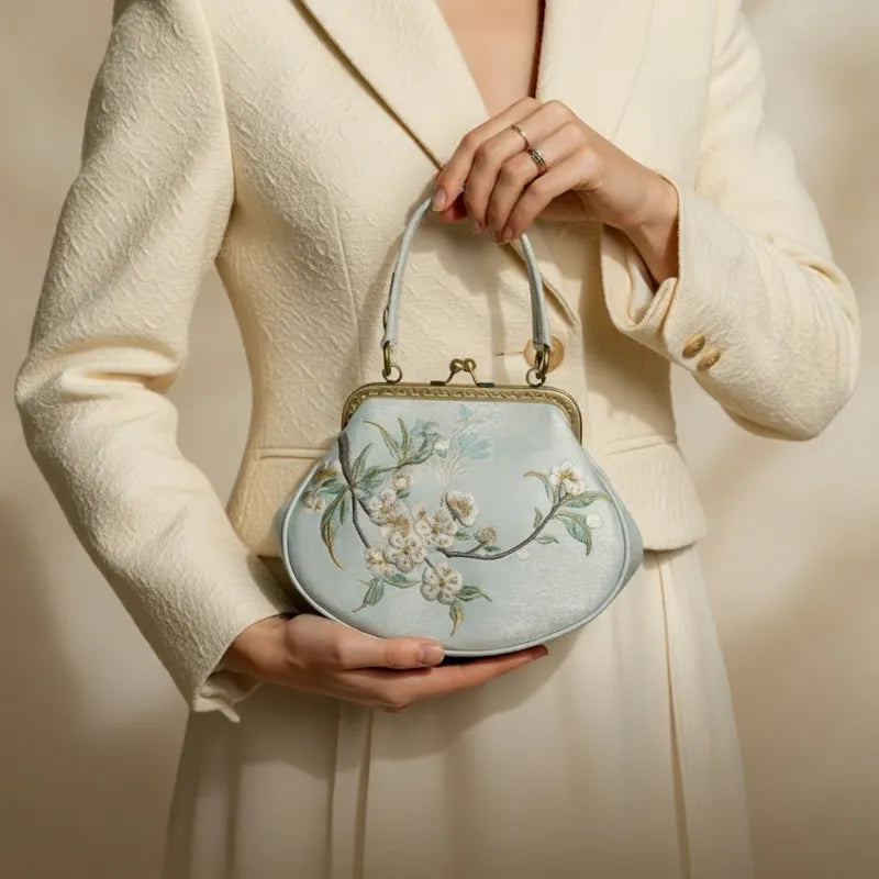 Vintage Pear Blossom Embroidered Shell Handbag with Kiss Lock