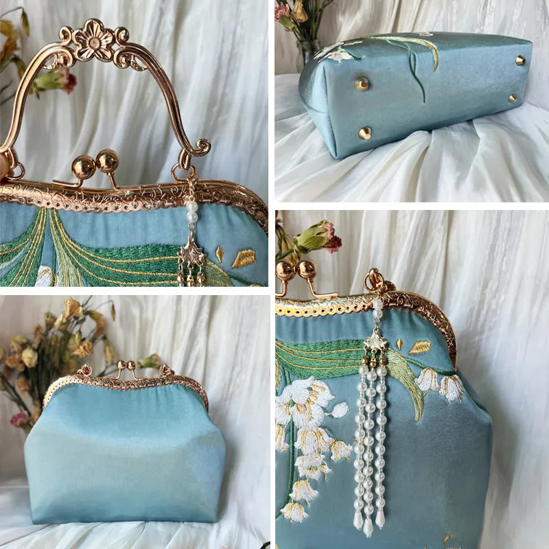 Lily of the Valley Embroidered Kiss-Lock White Handbag with Pearl Tassel