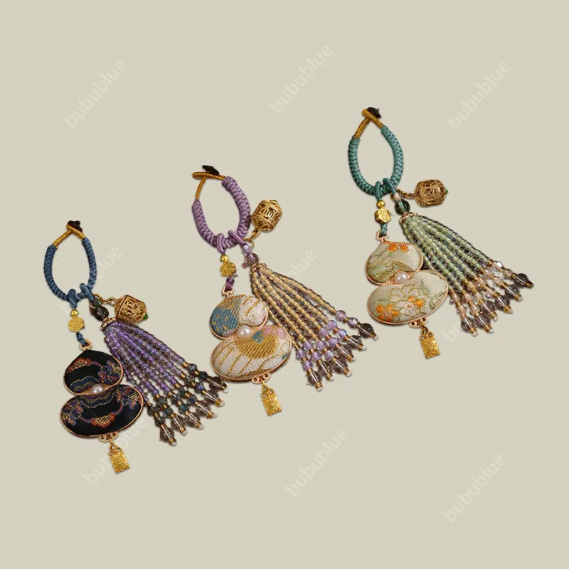 Song Brocade Gourd-Shaped Keychain Pendant With A Hollowed-Out Aromatherapy Ball